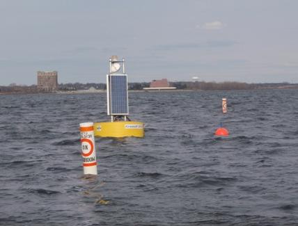 Buoy system showing surface buoy 和 surface markers for subsurface buoy 和 anchors